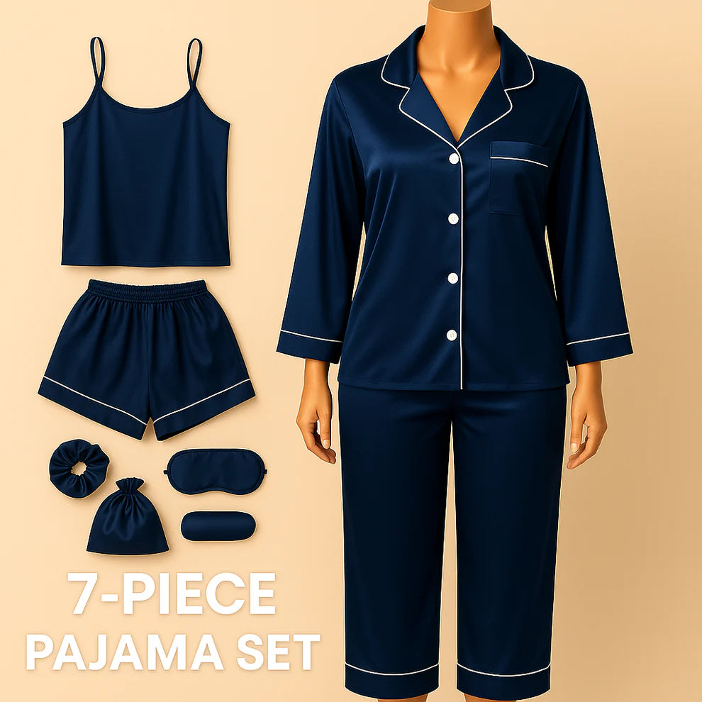 Flourish 7 pcs Non Padded Silk Satin Pajama Set Cami Top Nightgown Sexy Sleepwear Robe Sets Lace Nightdress