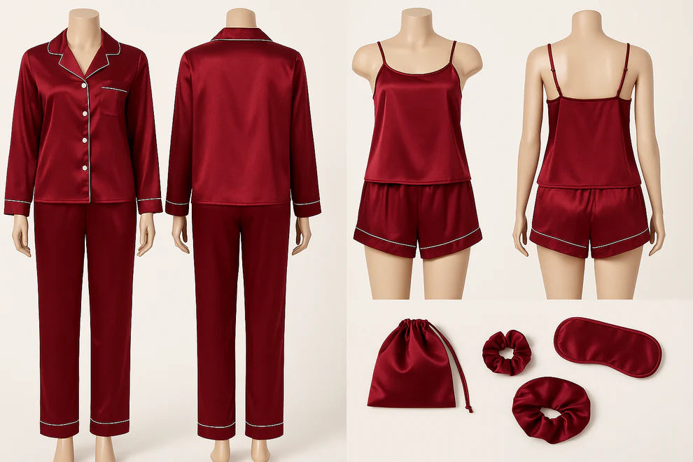 Flourish 7 pcs Non Padded Silk Satin Pajama Set Cami Top Nightgown Sexy Sleepwear Robe Sets Lace Nightdress